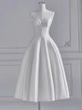 Cifeeo- Chic A line Spaghetti Straps Tea Length White Satin Wedding Dresses With Lace C3256