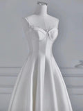 Cifeeo- Chic A line Spaghetti Straps Tea Length White Satin Wedding Dresses With Lace C3256