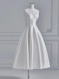 Cifeeo- Chic A line Spaghetti Straps Tea Length White Satin Wedding Dresses With Lace C3256