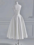 Cifeeo- Chic A line Spaghetti Straps Tea Length White Satin Wedding Dresses With Lace C3256