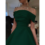 Cifeeo-Cyber Monday Christmas party outfits Elegant A-Line Evening Gown Elegant Dress Formal Floor Length Short Sleeve Illusion Neck Satin with Ruched Beading Prom Dress C3284