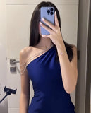 Cifeeo-Cyber Monday Christmas party outfits Classy Sheath One Shoulder Royal Blue Long Pleated Party Dress Prom Dresses Evening Dress C3288