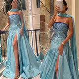 Cifeeo-Cyber Monday Christmas party outfits Sexy Mermaid Strapless Blue Prom Dress With Beads Long Satin Prom Dresses Party Dress C3292