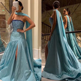 Cifeeo-Cyber Monday Christmas party outfits Sexy Mermaid Strapless Blue Prom Dress With Beads Long Satin Prom Dresses Party Dress C3292