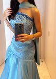 Cifeeo-Cyber Monday Christmas party outfits Sexy Mermaid Strapless Blue Prom Dress With Beads Long Satin Prom Dresses Party Dress C3292