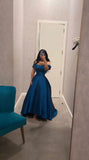 Cifeeo-Cyber Monday Christmas party outfits Sexy A line Off The Shoulder Blue Prom Dress With Pleated Long Satin Prom Dresses Party Dress C3302