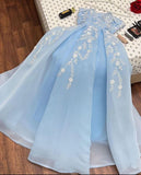 Cifeeo-Cyber Monday Christmas party outfits Sexy A line Strapless Light Sky Blue Organza Prom Dress With Appliques Long Prom Dresses Party Dress C3312