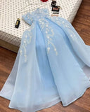 Cifeeo-Cyber Monday Christmas party outfits Sexy A line Strapless Light Sky Blue Organza Prom Dress With Appliques Long Prom Dresses Party Dress C3312