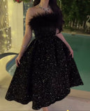 Cifeeo-Cyber Monday Christmas party outfits Sexy Ball Gown Strapless Black Sequin Prom Dress Long Prom Dresses Party Dress With Feather C3315