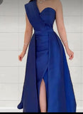 Cifeeo-Cyber Monday Christmas party outfits Classy A line One Shoulder Royal Blue Satin Long Party Dress Prom Dresses Evening Dress C3319