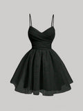 Cifeeo-back to school outfits Cute A line Spaghetti Straps Chiffon lack Ruffles Homecoming Dress Short Birthday Outfits C3392