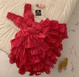 Cifeeo-back to school outfits Cute Ball Gown V neckline Red Ruffles Homecoming Dress Short Birthday Outfits C3400