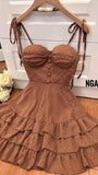 Cifeeo-back to school outfits 18th Birthday A Line Spaghetti Straps Brown Ruffles Homecoming Dresses Short Mini Birthday Dress C3420