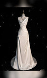 Cifeeo- Chic Mermaid Sleeveless Ruffles Long White Satin Wedding Dresses Brides Dress C3428