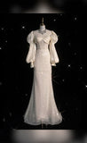 Cifeeo- Chic Sheath Strapless White Satin Ruffles Long Sleeves Wedding Dresses Brides Dress C3433