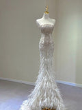 Cifeeo- Chic Mermaid Strapless Sleeveless White Long Wedding Dresses With Feather C3474