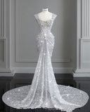 Cifeeo- Chic Mermaid Square Neckline Sequin White Long Wedding Dresses With Train C3477