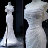 Cifeeo- Chic Mermaid Off The Shoulder Sequin White Long Wedding Dresses With Slit C3478