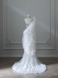 Cifeeo- Vintage Mermaid Strapless White Tulle Long Wedding Dresses With Beads C3519