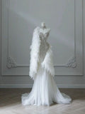 Cifeeo- Vintage Mermaid Strapless White Tulle Long Wedding Dresses With Beads C3519