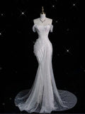 Cifeeo- Elegant Mermaid Off The Shoulder Sequin Long White Wedding Dresses CC356