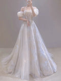 Cifeeo- Vintage A line Straps White Tulle Long Wedding Dresses With Beads C3577