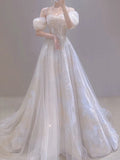 Cifeeo- Vintage A line Straps White Tulle Long Wedding Dresses With Beads C3577