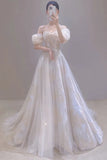 Cifeeo- Vintage A line Straps White Tulle Long Wedding Dresses With Beads C3577