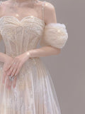 Cifeeo- Vintage A line Straps White Tulle Long Wedding Dresses With Beads C3577