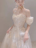 Cifeeo- Vintage A line Straps White Tulle Long Wedding Dresses With Beads C3577