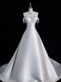 Cifeeo- Elegant A line Off The Shoulder Satin Pearls Long White Wedding Dresses CC358