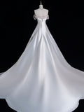 Cifeeo- Elegant A line Off The Shoulder Satin Pearls Long White Wedding Dresses CC358