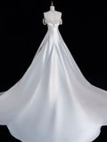 Cifeeo- Elegant A line Off The Shoulder Satin Pearls Long White Wedding Dresses CC358