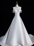 Cifeeo- Elegant A line Off The Shoulder Satin Pearls Long White Wedding Dresses CC358