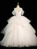 Cifeeo- Chic Ball Gown Strapless Sleeveless White Tulle Wedding Dresses With Ruffles C3740