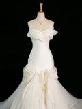 Cifeeo- Chic Mermaid Strapless Sleeveless White Satin Wedding Dresses With Ruffles C3742