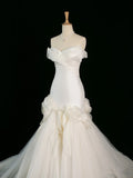 Cifeeo- Chic Mermaid Strapless Sleeveless White Satin Wedding Dresses With Ruffles C3742