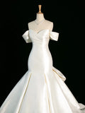 Cifeeo- Chic Mermaid Strapless Sleeveless White Satin Wedding Dresses With Ruffles C3743