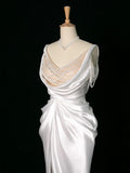 Cifeeo- Vintage Mermaid Jewel Neckline White Satin Slit Wedding Dresses With Pearls C3765