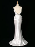 Cifeeo- Vintage Mermaid Jewel Neckline White Satin Slit Wedding Dresses With Pearls C3765