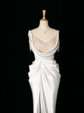 Cifeeo- Vintage Mermaid Jewel Neckline White Satin Slit Wedding Dresses With Pearls C3765