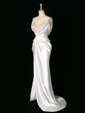 Cifeeo- Vintage Mermaid Jewel Neckline White Satin Slit Wedding Dresses With Pearls C3765