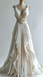 Cifeeo- Ivory Beaded A-line Evening Gown Maxi Long Evening Party Prom Dresses Wedding Dresses With Ruffles C3778