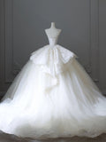 Cifeeo- Chic Ball Gown Strapless White Sleeveless Lace Satin Wedding Dresses With Ruffles C3809