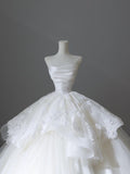 Cifeeo- Chic Ball Gown Strapless White Sleeveless Lace Satin Wedding Dresses With Ruffles C3809