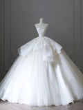 Cifeeo- Chic Ball Gown Strapless White Sleeveless Lace Satin Wedding Dresses With Ruffles C3809