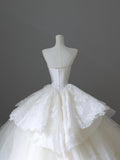 Cifeeo- Chic Ball Gown Strapless White Sleeveless Lace Satin Wedding Dresses With Ruffles C3809