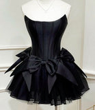 Cifeeo-back to school outfits Chic A line Black Strapless Short Homecoming Dress Satin Party Dress C580