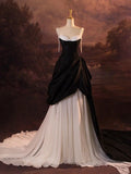 Cifeeo- Vintage Mermaid Straps Satin White Black Long Wedding Dresses C795