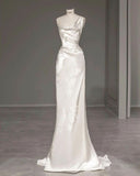 Cifeeo- Vintage Mermaid Straps Sleeveless Long Print Flower Satin Wedding Dresses C798